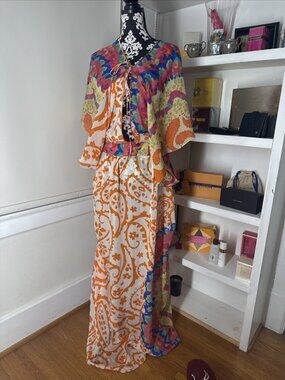 SILK Tibi Vibrant Resort Wear Maxi Caftan tie waist lightweight coverup dress M